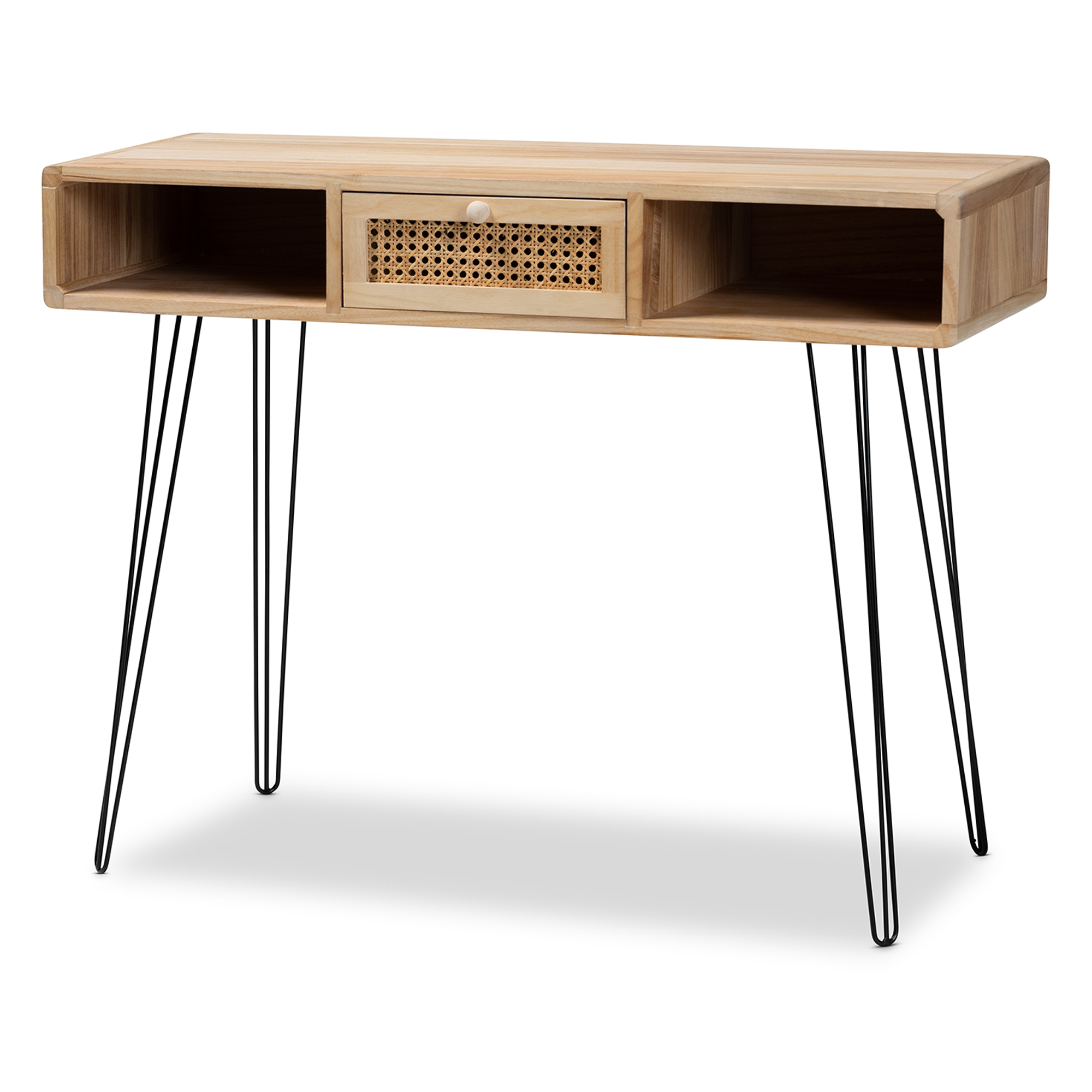 Baxton Studio Harrell Mid-Century Modern Transitional Oak Brown Finished Wood and Black Metal 1-Drawer Console Table